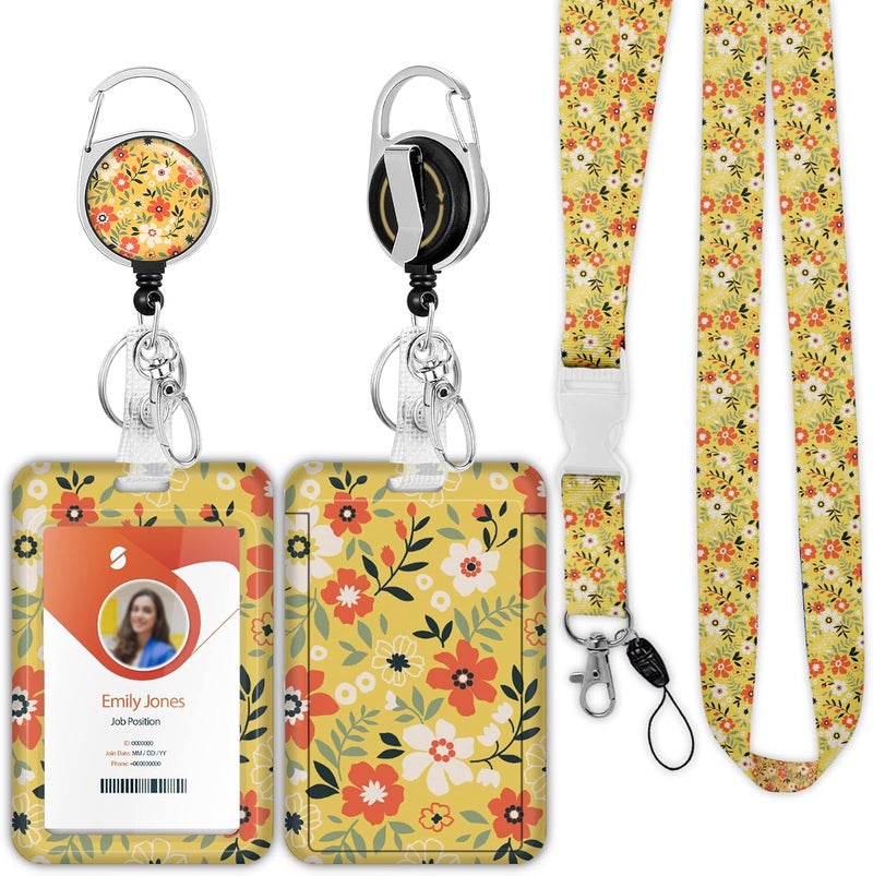 Boutilon ID Badge Holder with Lanyard,Retractable ID Badge Card Holders Detachable Neck Lanyard Strap with Badge Reel and Vertical ID Holder for Nurse Students Teachers Office Staff(Flower Yellow) - Image 1